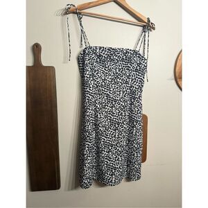 My Girl White Black Animal Print Tie Shoulder Straps Smocked Mini Dress Size 10